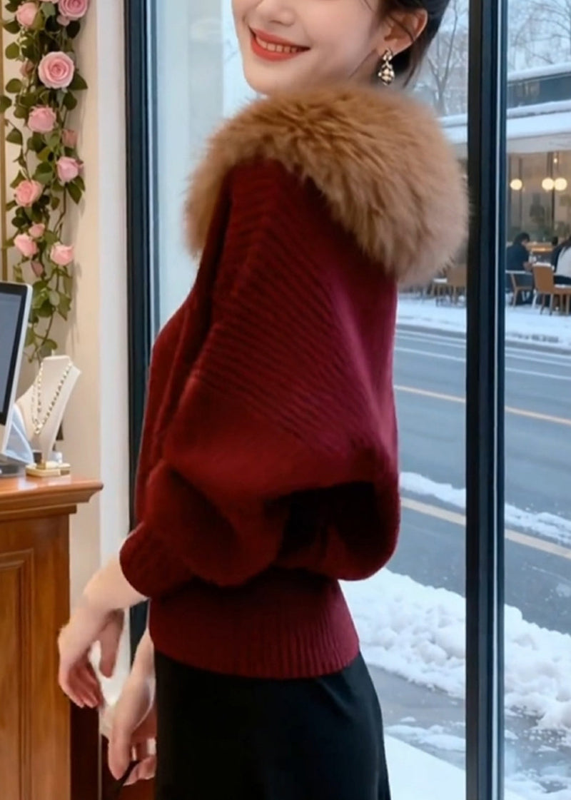 Wine Red Striped Cozy Knit Sweaters Fur Collar