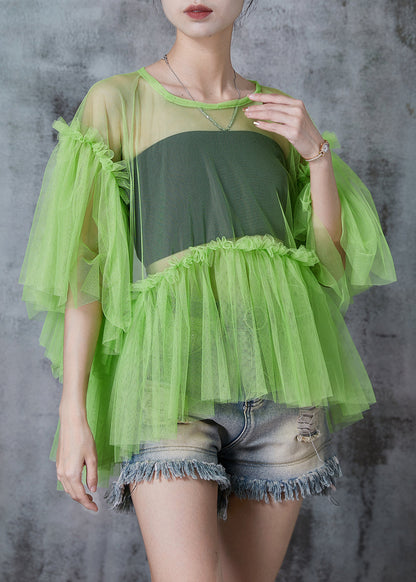 Grass Green Patchwork Tulle Shirt Tops Batwing Sleeve
