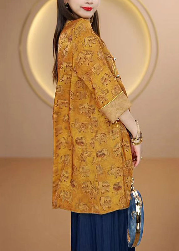 Yellow O Neck Print Oriental Button Silk Top Bracelet Sleeve