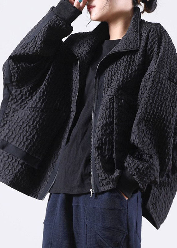 Black Zip Up Pockets Polyester Jackets Spring