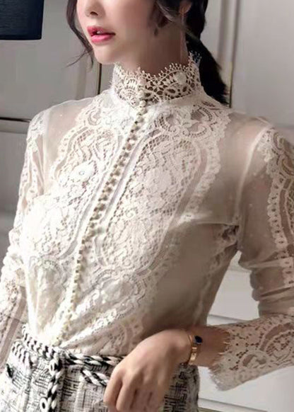 White V Neck Pearl Button Lace Shirt Long Sleeve