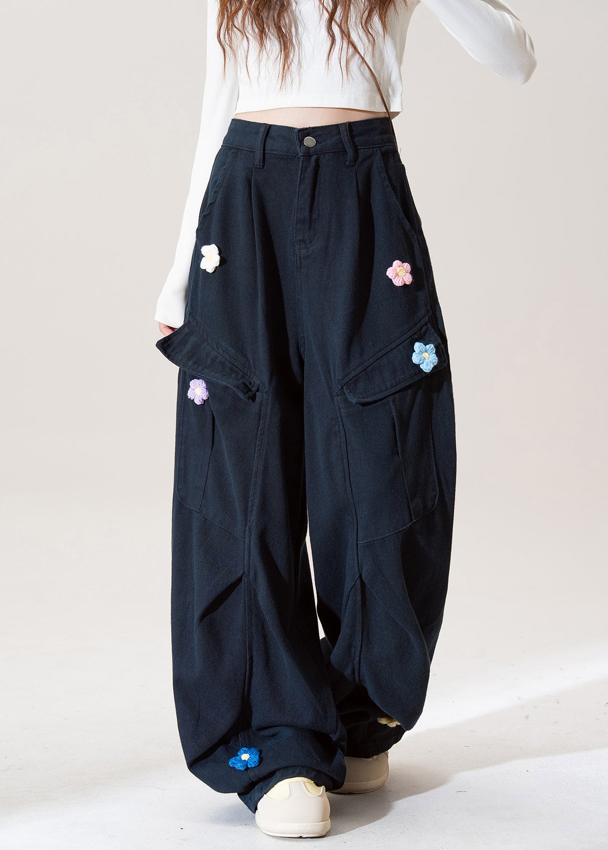 Stylish Navy Embroidered Pockets Cotton Pants Fall