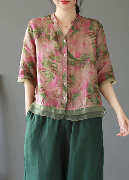Lotus Root Pink Color Print Button Linen Shirt Summer