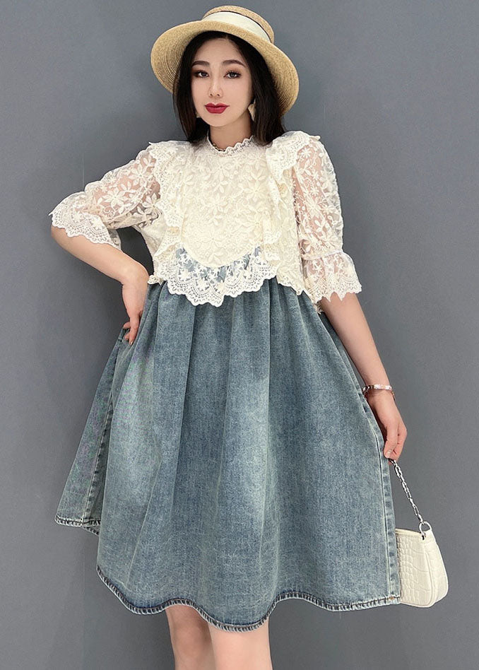 French Blue Stand Collar Hollow Out Lace Patchwork Cotton Denim Mid Dresses Short Sleeve Summer