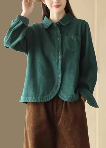 French Green Button Pockets Corduroy Blouses Long Sleeve Spring