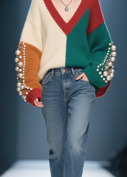 Colorblock V Neck Nail Bead Patchwork Knit Sweater Fall