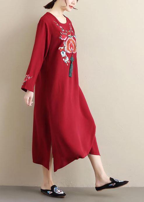 Unique Burgundy Embroidery Tunic Pattern O Neck Tassel Spring Dress