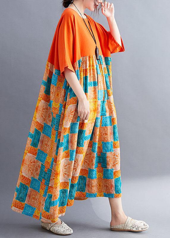 Fine Orange Loose Patchwork Print Summer Holiday Dress Half Sleeve