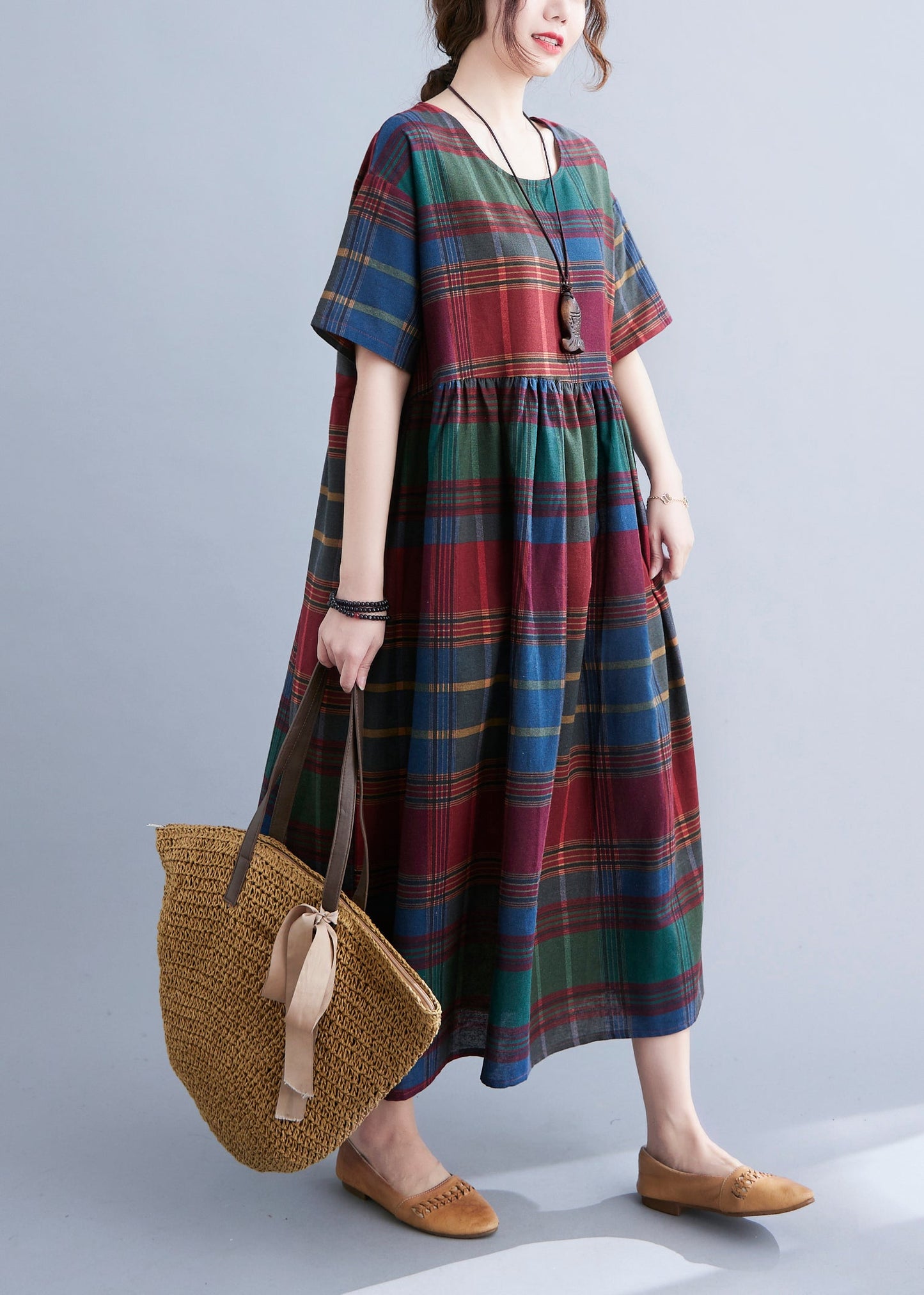 Boutique Red Plaid O-neck Wrinkled Cotton Long Dress Short Sleeve