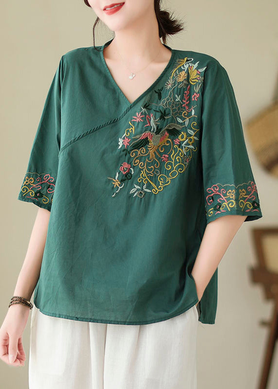 Blackish Green Embroidered Side Open Cotton Blouses Summer