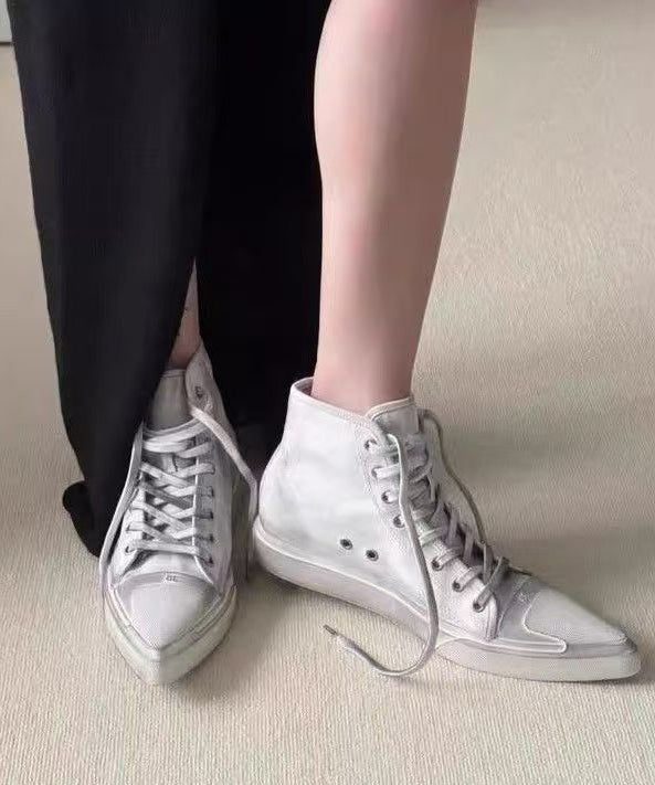White Pointed Toe High Top Board Shoes Lace Up