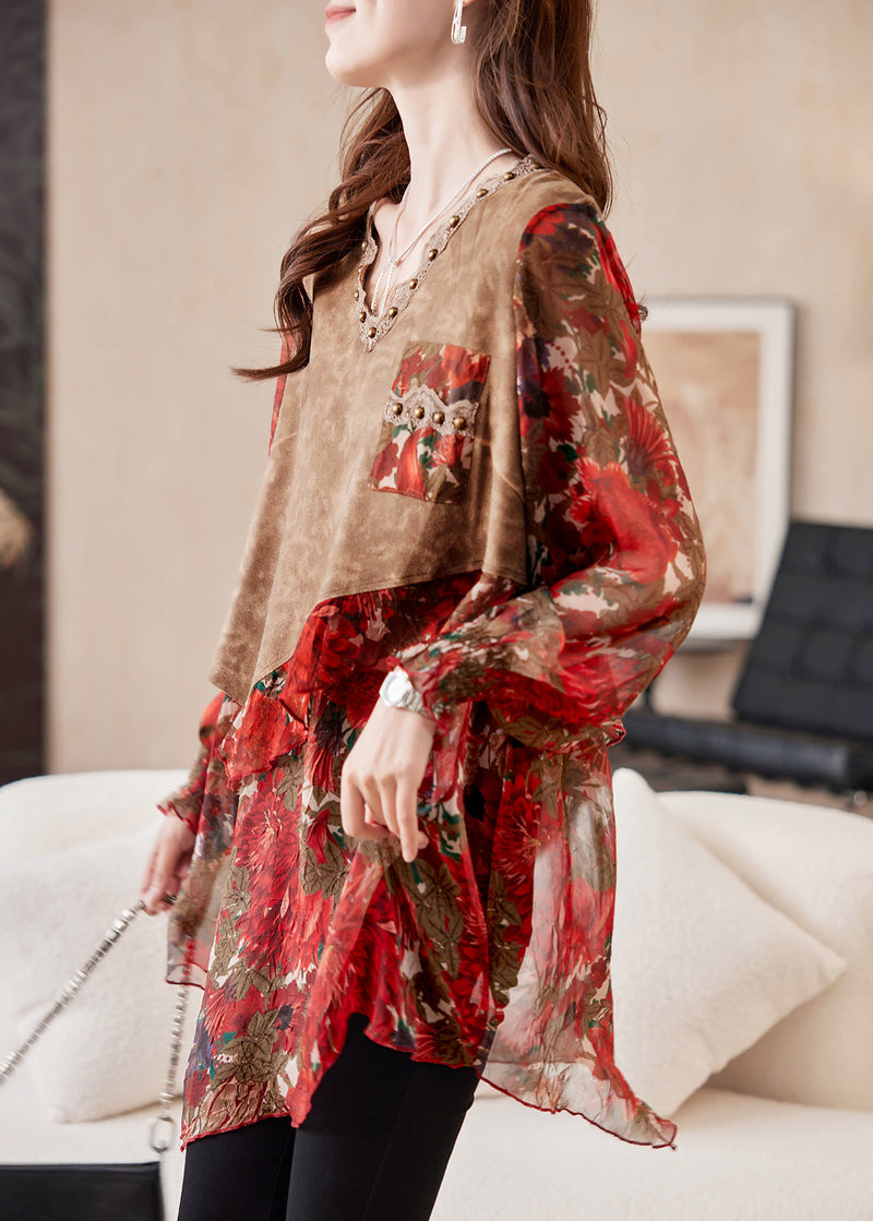 Fitted Red V Neck Print False Two Pieces Chiffon Shirts Spring