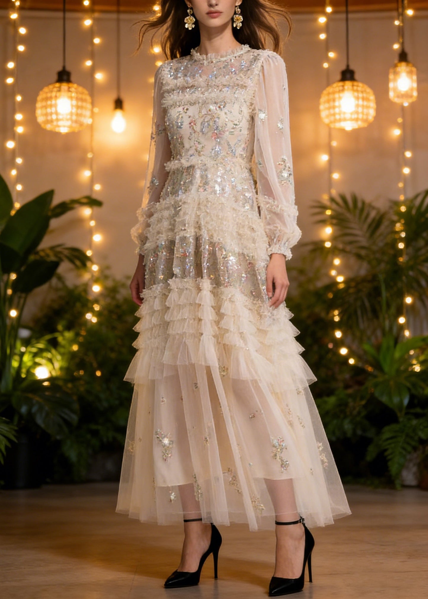 Apricot Embroidered Ruffled Patchwork Tulle Long Dresses Spring
