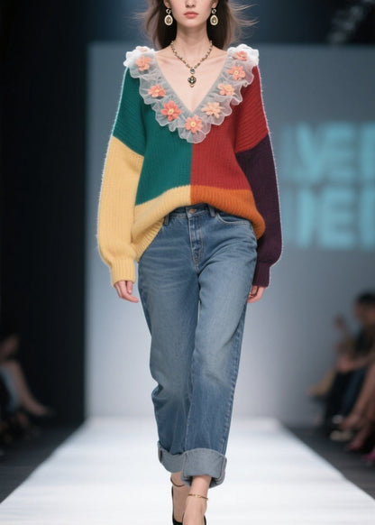 Natural Colorblock Ruffled Knit Sweaters Winter