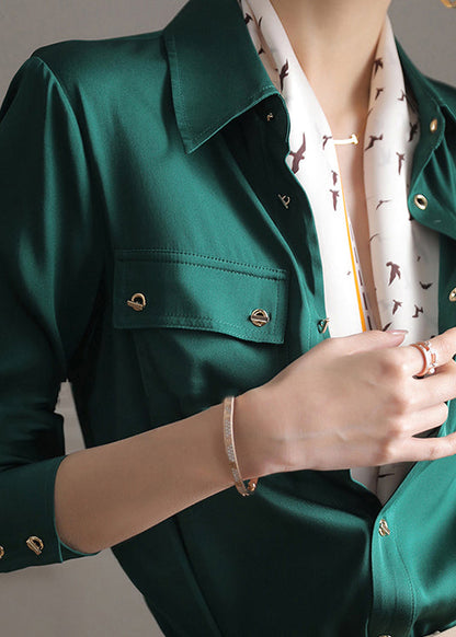 White Peter Pan Collar Pockets Button Silk Shirts Long Sleeve