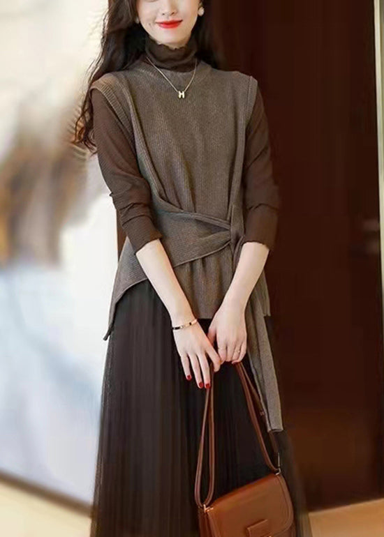 Chocolate O-neck Asymmetrical Design Thick Knit Vest Sleeveless