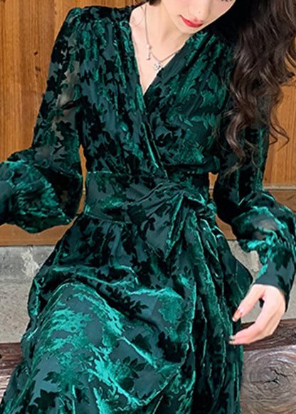 Diy Green V Neck Print Silk Velour Tie Waist Maxi Dresses Fall