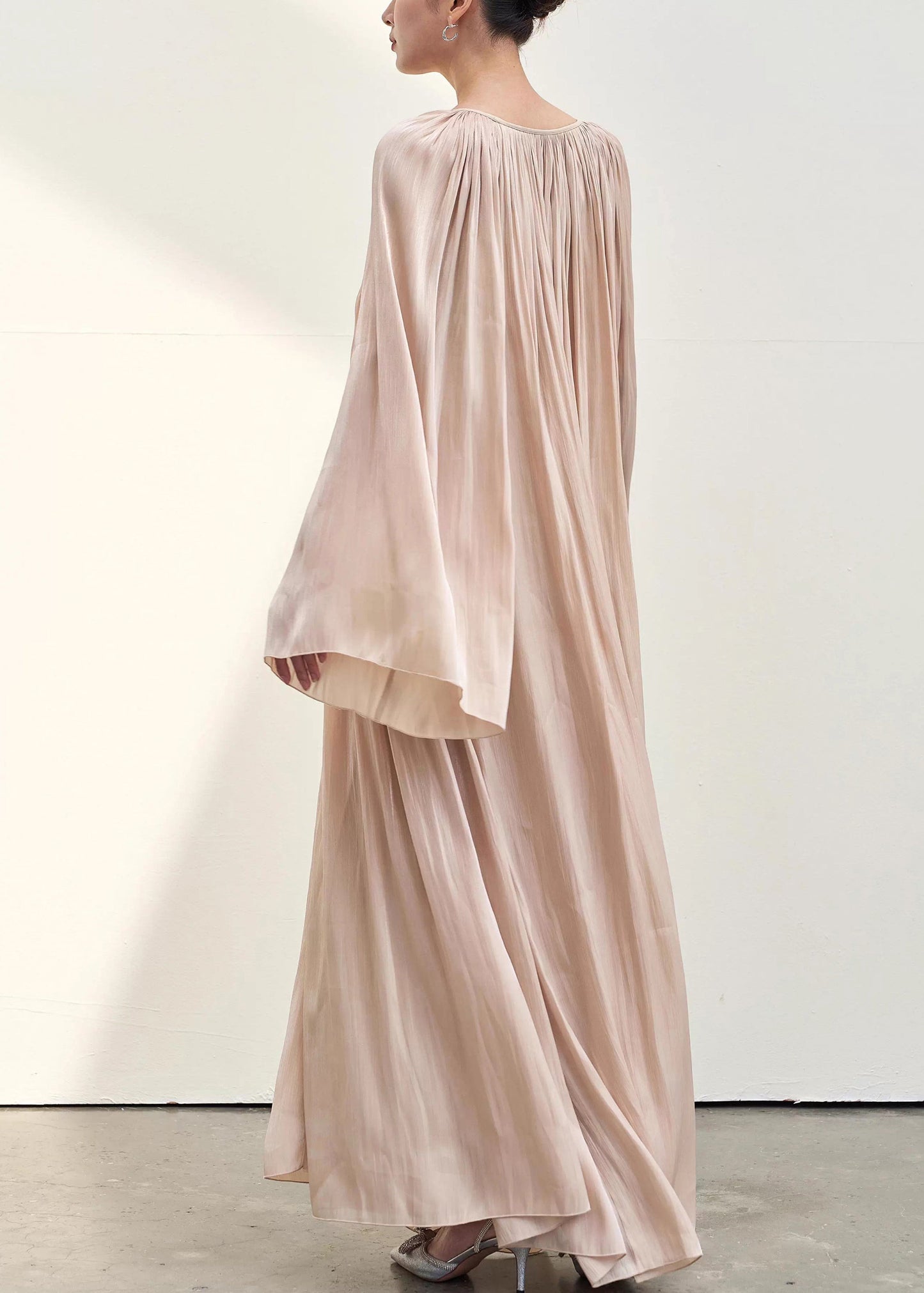 Pink V Neck Wrinkled Silk Maxi Dresses Fall