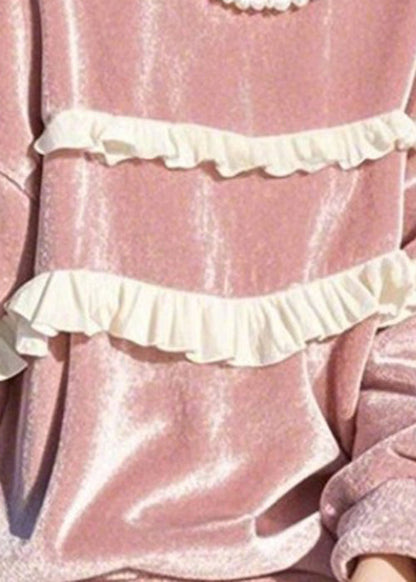 Loose Pink O-neck Ruffled Silk Velour T Shirts Winter