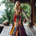 Boho Colorful Patchwork Art Linen Blend Wide Skirt artswardrobe