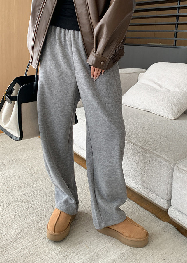 Grey Pockets Elastic Waist Cotton Pants Fall