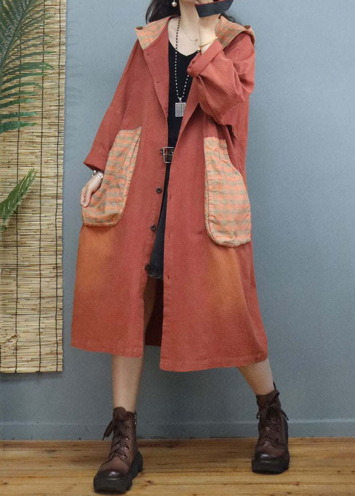 Orange Hooded Pockets Patchwork Cotton Coats Fall