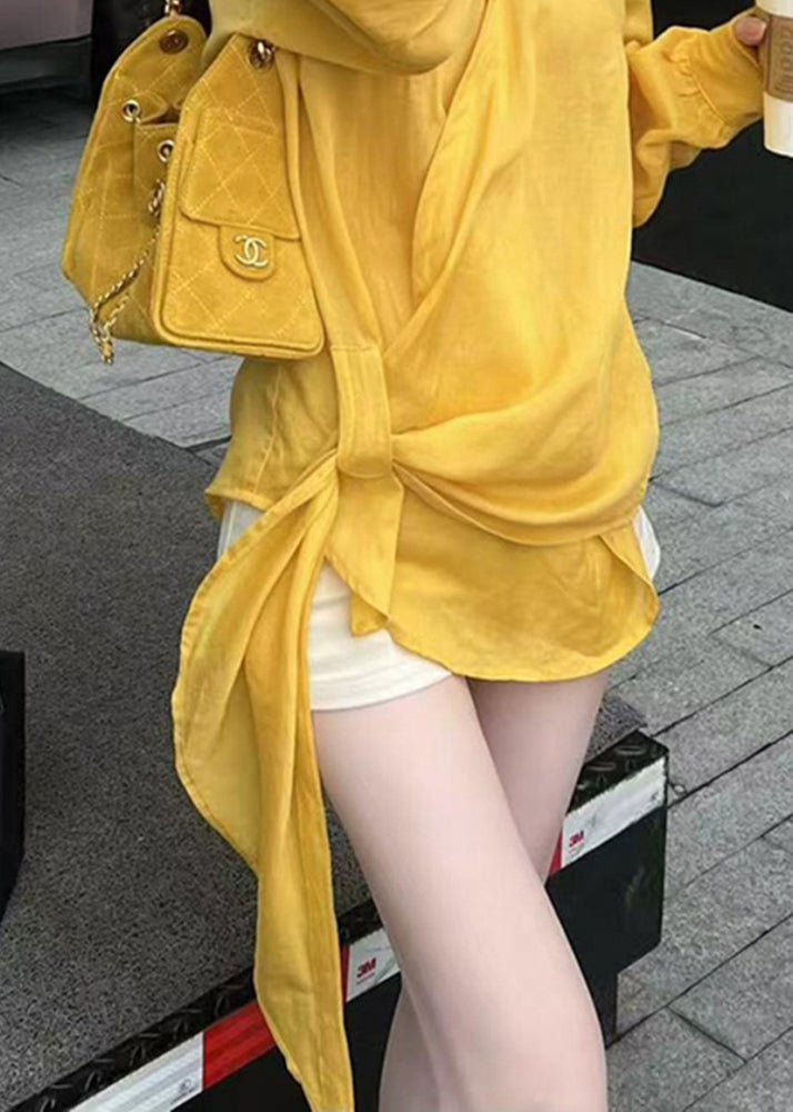 Yellow Peter Pan Collar Asymmetrical Cotton Shirts Fall