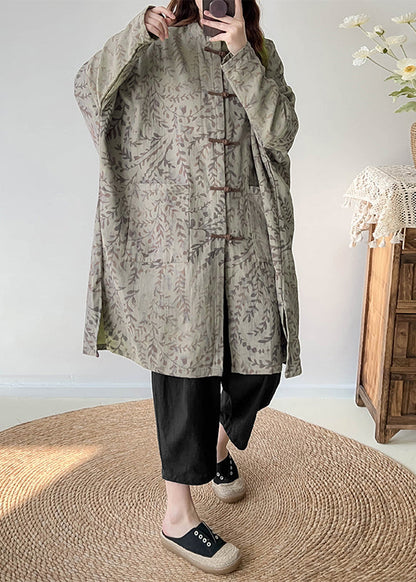 Green Oversized Print Linen Coat Outwear Fall