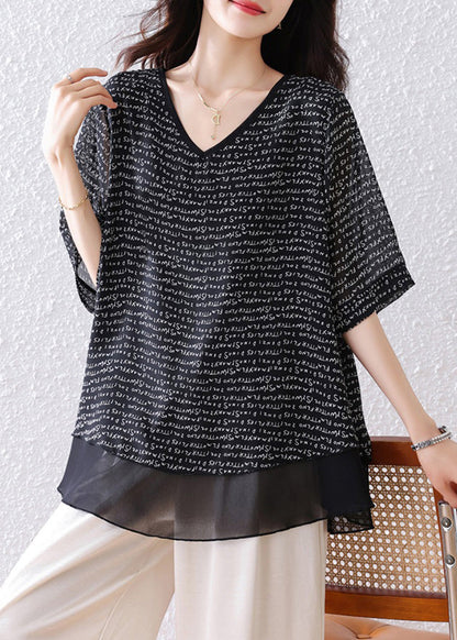 Black Oversized Patchwork Chiffon Tops Summer