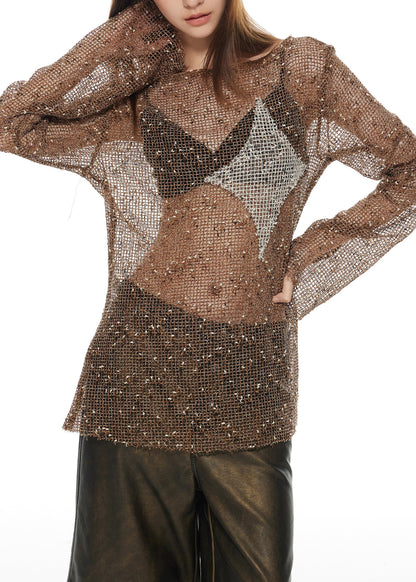 Brown Slash Neck Hollow Out Tulle T Shirt Long Sleeve