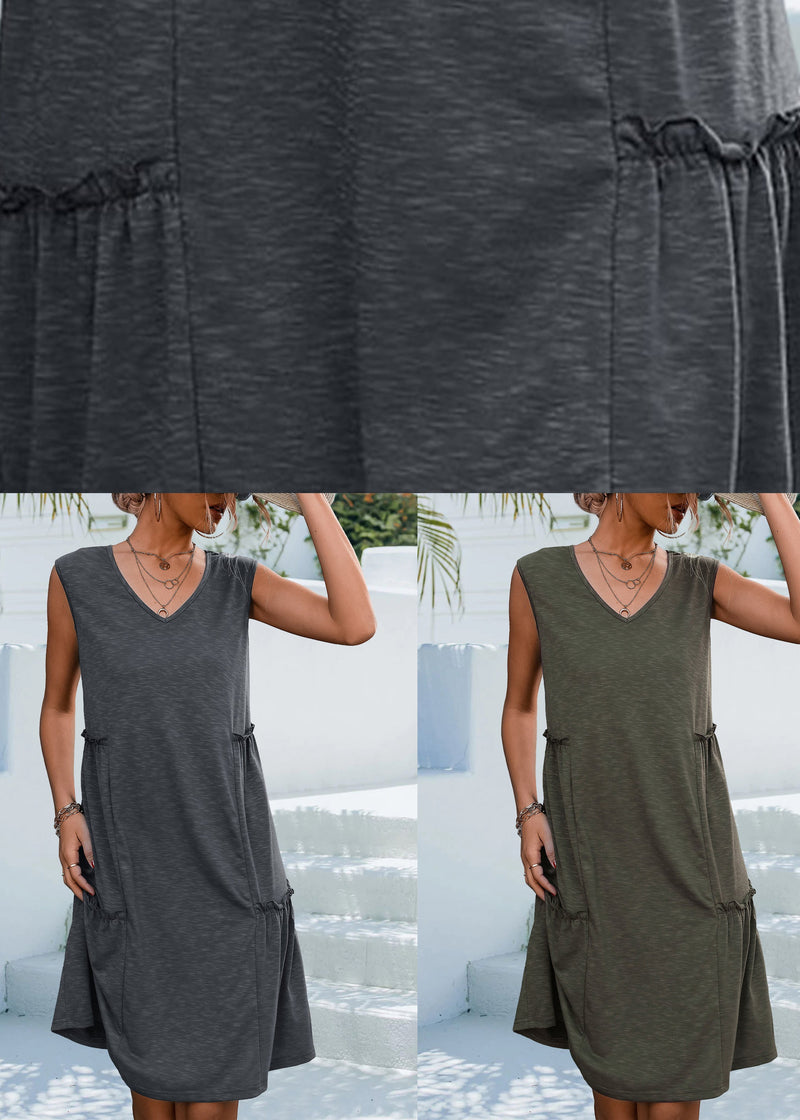 Army Green Pockets Cotton Dress V Neck Summer