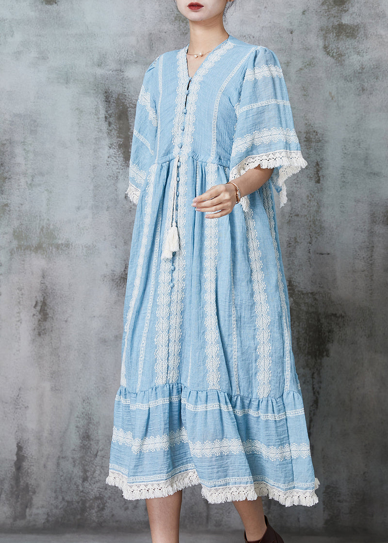 Lake Blue Oversized Drawstring Cotton Maxi Dresses Summer
