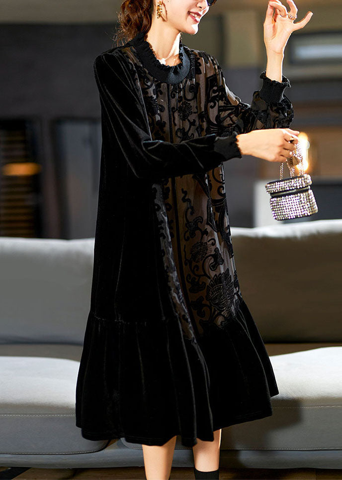 Black O-neck Embroidered Patchwork Silk Velour Maxi Dress Long Sleeve