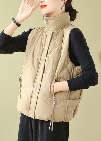 Khaki Zip Up Patchwork Fine Cotton Filled Vest Sleeveless