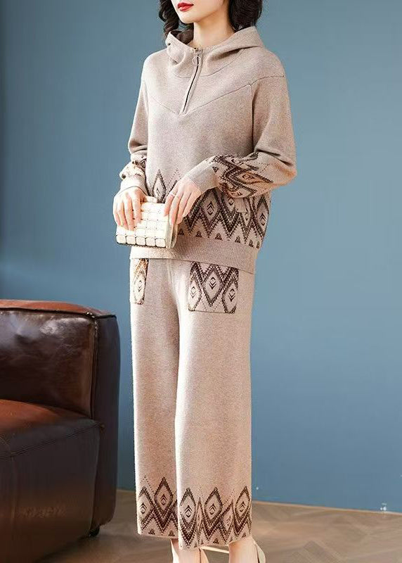 Print Patchwork Cotton Knit Hooded Coats and Wide Leg Pants Two Pieces Set Fall