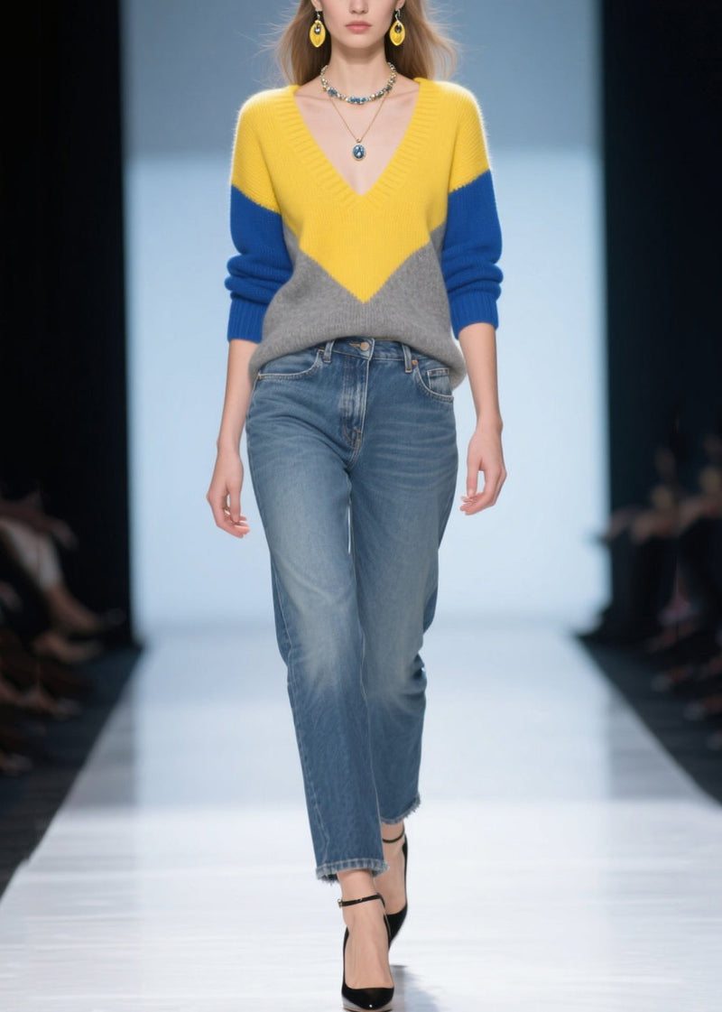Colorblock V Neck Patchwork Warm Sweater Tops Winter