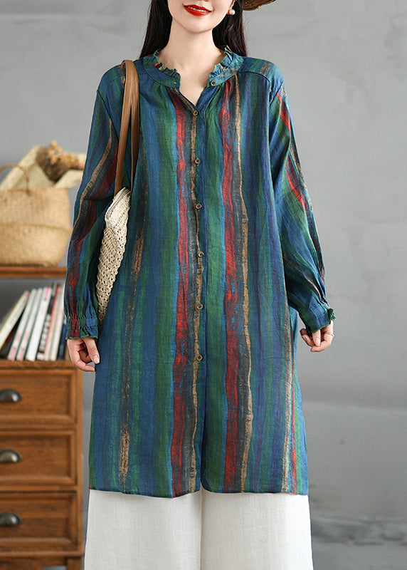 Green Ruffled Striped Button Cotton Shirt Fall