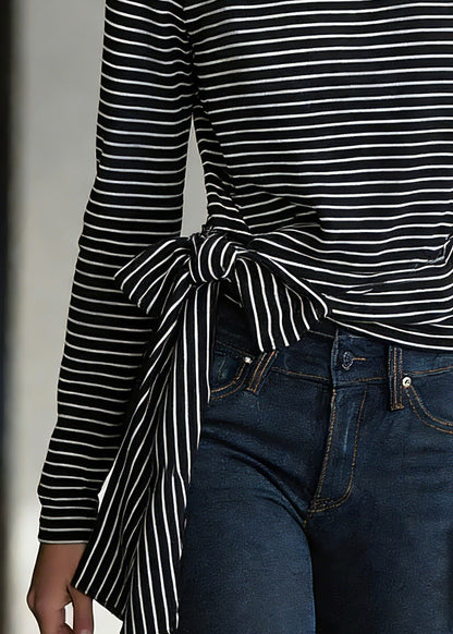 Black Striped Tie Waist T Shirts Spring