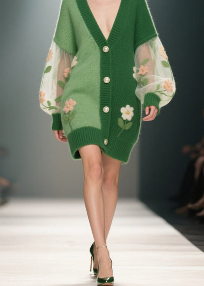 Green V Neck Patchwork Knit Cardigan Fall
