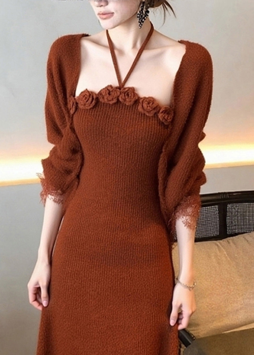 Art Brick Red Cotton Knit Cardigans and Long Dress Two Piece Set Fall