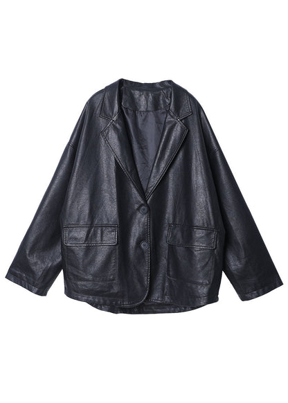 Unique Black Notched Pockets Button Fall Long Pu Sleeve Coat