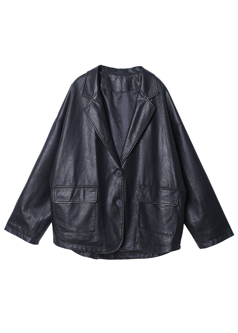 Unique Black Notched Pockets Button Fall Long Pu Sleeve Coat