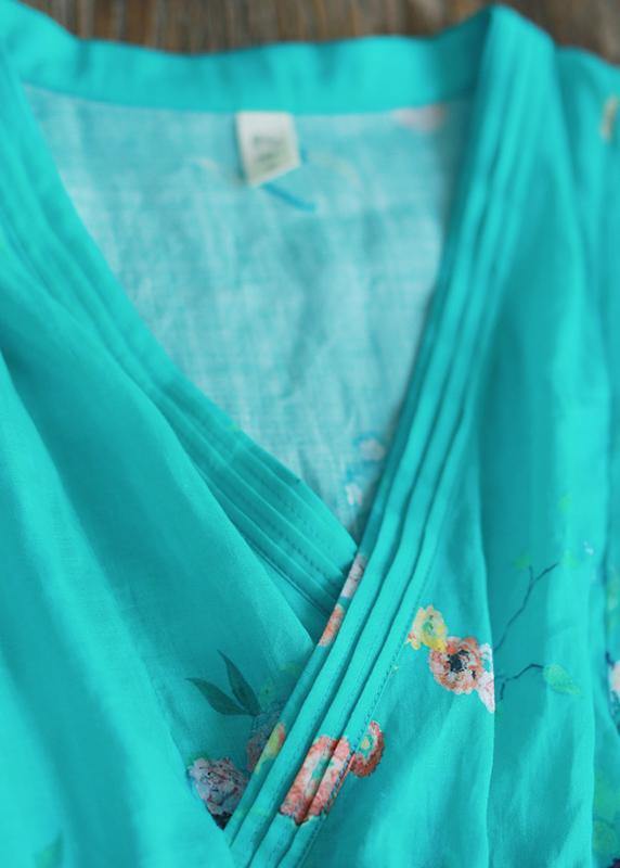 Green Print Robes Patchwork Drawstring Robe Spring Dress