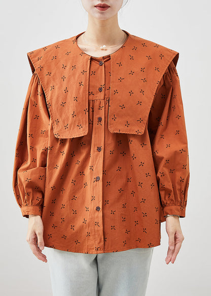 Orange Oversized Print Cotton Tops Fall