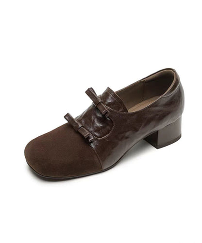 Chocolate Chunky Suede Bow Splicing Loafers