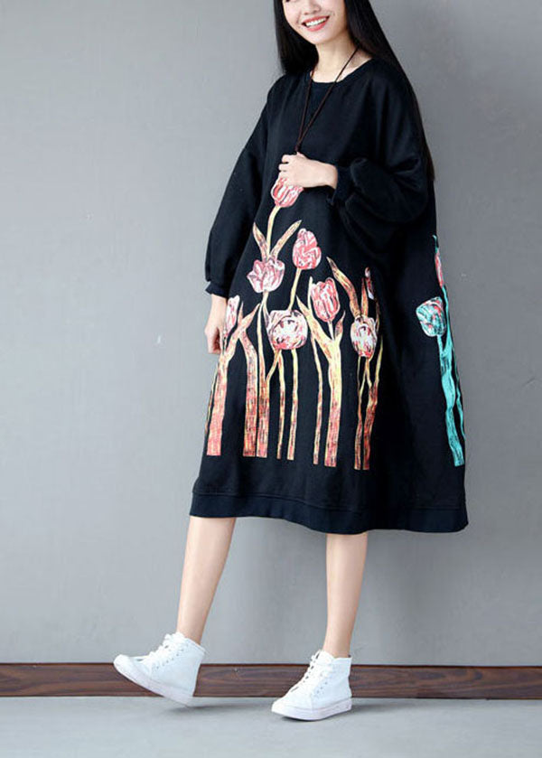 Black O-neck Oversized Print Cotton Sweatshirt Dress Spring