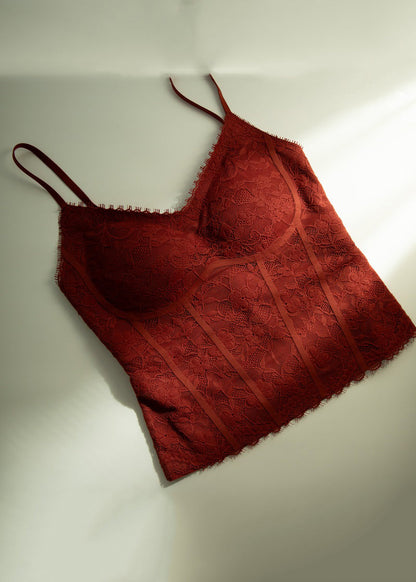 Slim Fit Red V Neck Lace Spaghetti Strap Tank Sleeveless
