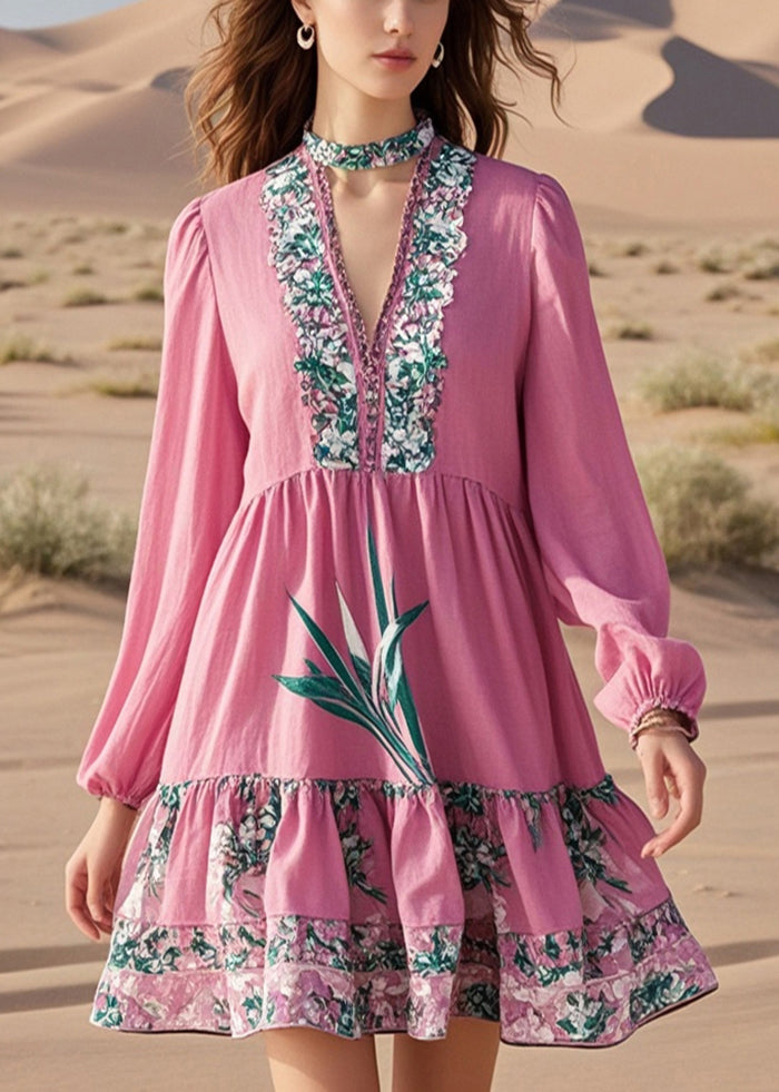 Diy Pink V Neck Print Cotton Work Dress Fall