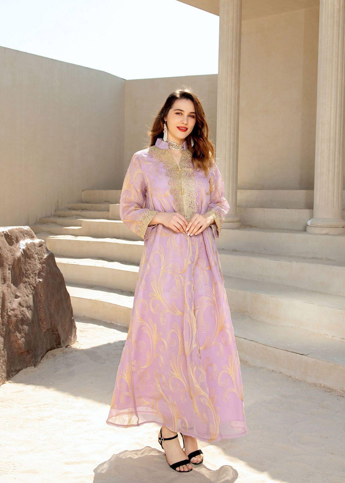 Light Purple Stand Collar Embroideried Tulle Long Dress Fall