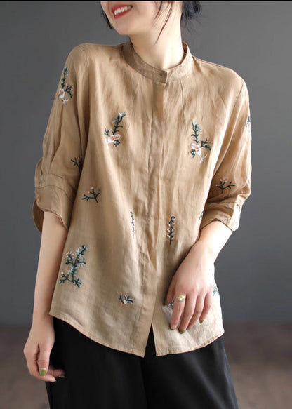 Art Khaki Embroideried Button Ramie Shirt Half Sleeve